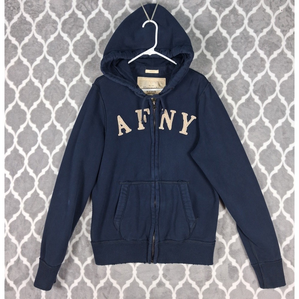 Abercrombie Fitch Hoodie Mens Large Blue Muscle AFNY Zip Up Y2K Logo